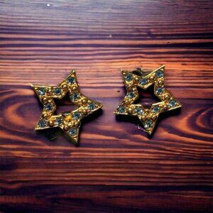 Vintage Avon Sparkle‎ Star Earrings Blue Pierced Studs Gold Tone 1994